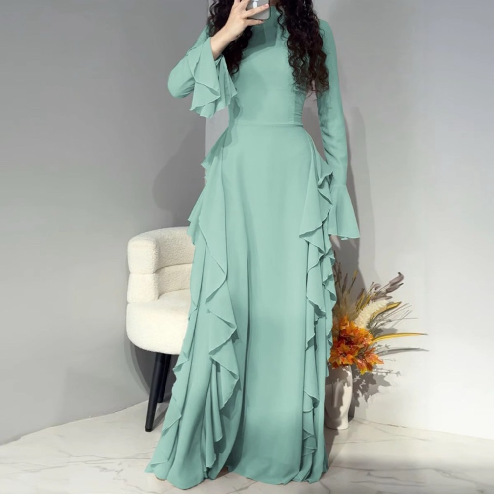 Elegant Long Sleeve Ruffle Dress in Mint Green Women’s Modest Wear Abaya Dress